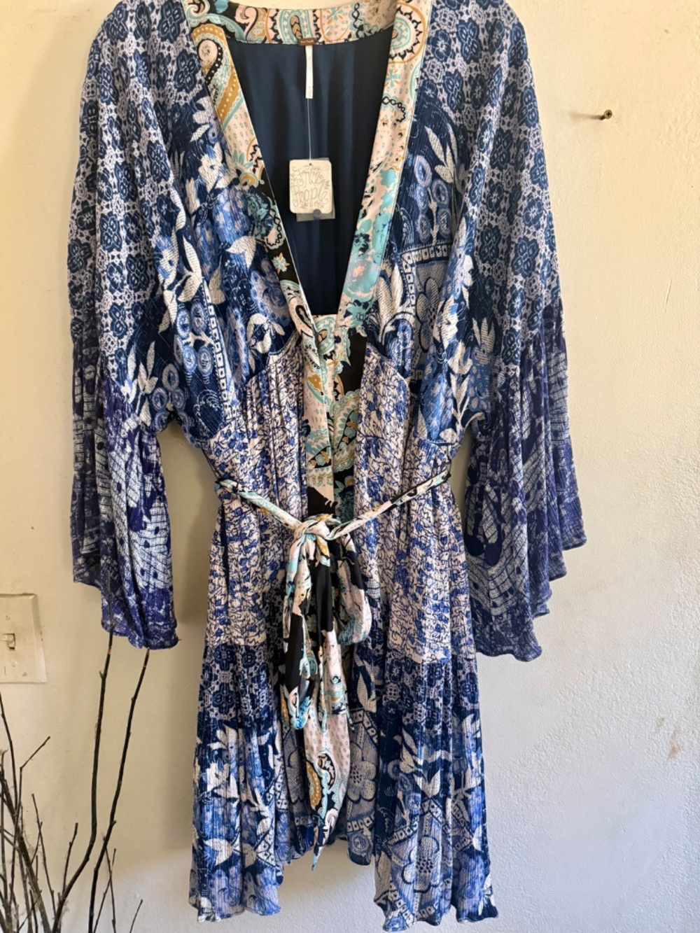 Free People Blue Bohemian Style Dress with Silk Floral Waist Tie | NWT - Picture 3 of 7